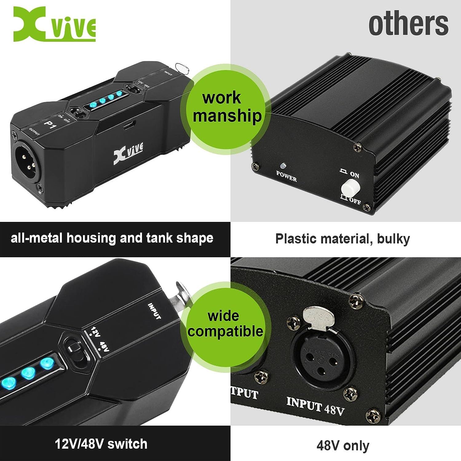 Xvive P1 Phantom Power Supply 48V/12V Switch,Up to 40 Hours of Use