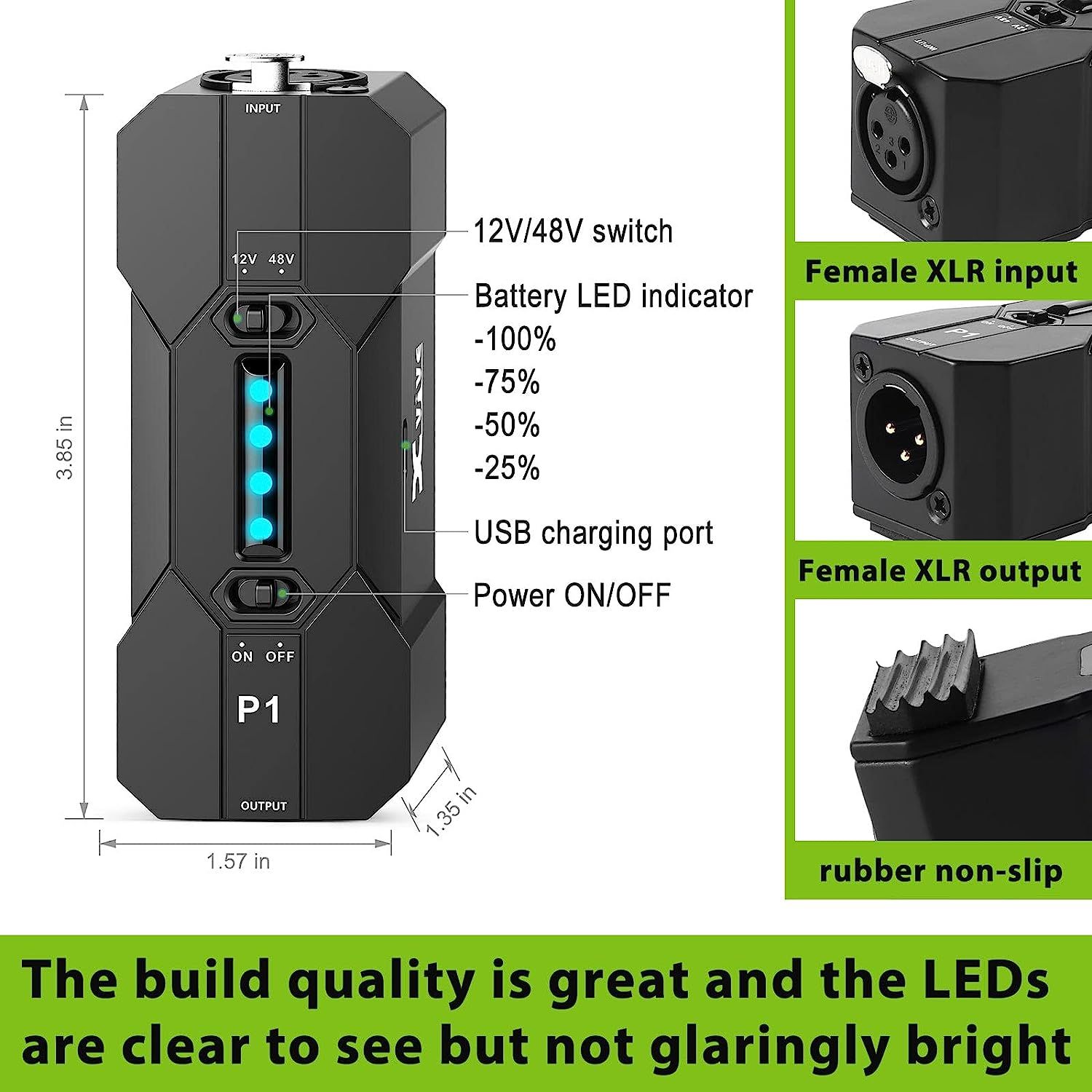 Xvive P1 Phantom Power Supply 48V/12V Switch,Up to 40 Hours of Use
