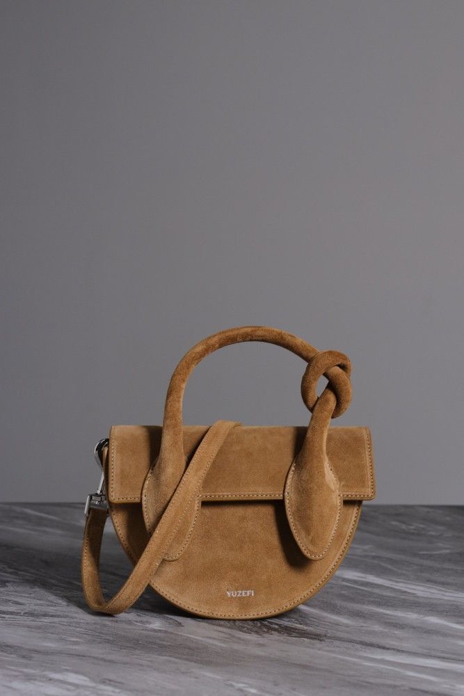 YUZEFI Pretzel Knotted Tote Bag in Butterscotch Suede