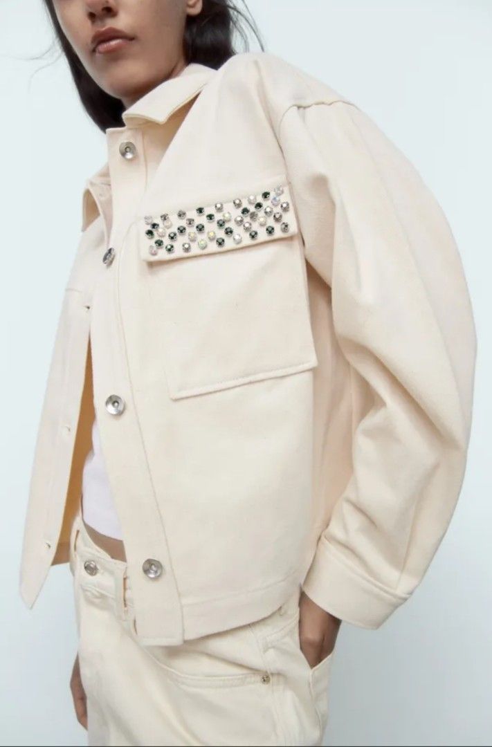 Zara Woman Beaded Pocket Jacket 100 Cotton Women s Fashion