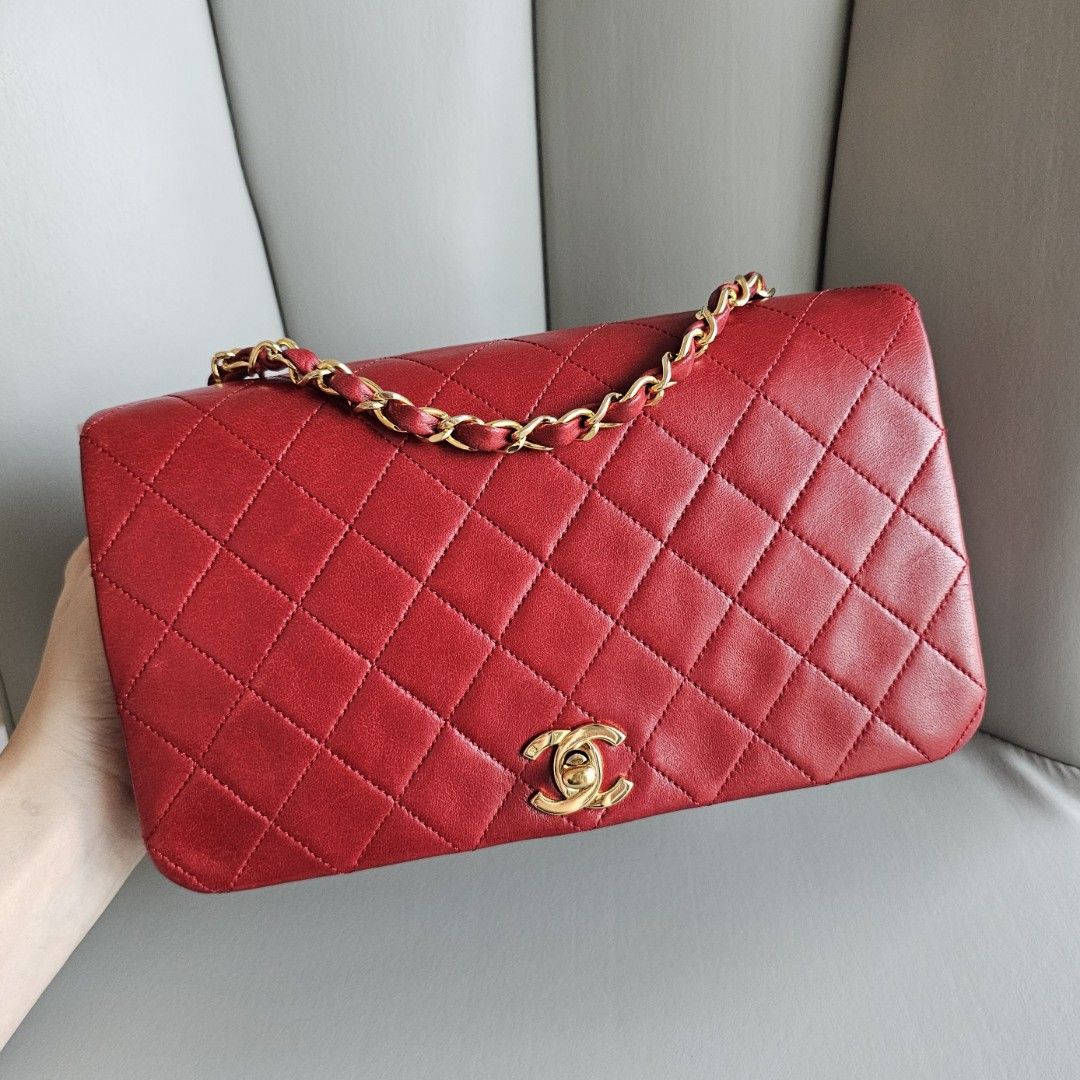 🌟 VINTAGE CHANEL RED SMALL 23CM CLASSIC QUILTED FULL FLAP BAG CF