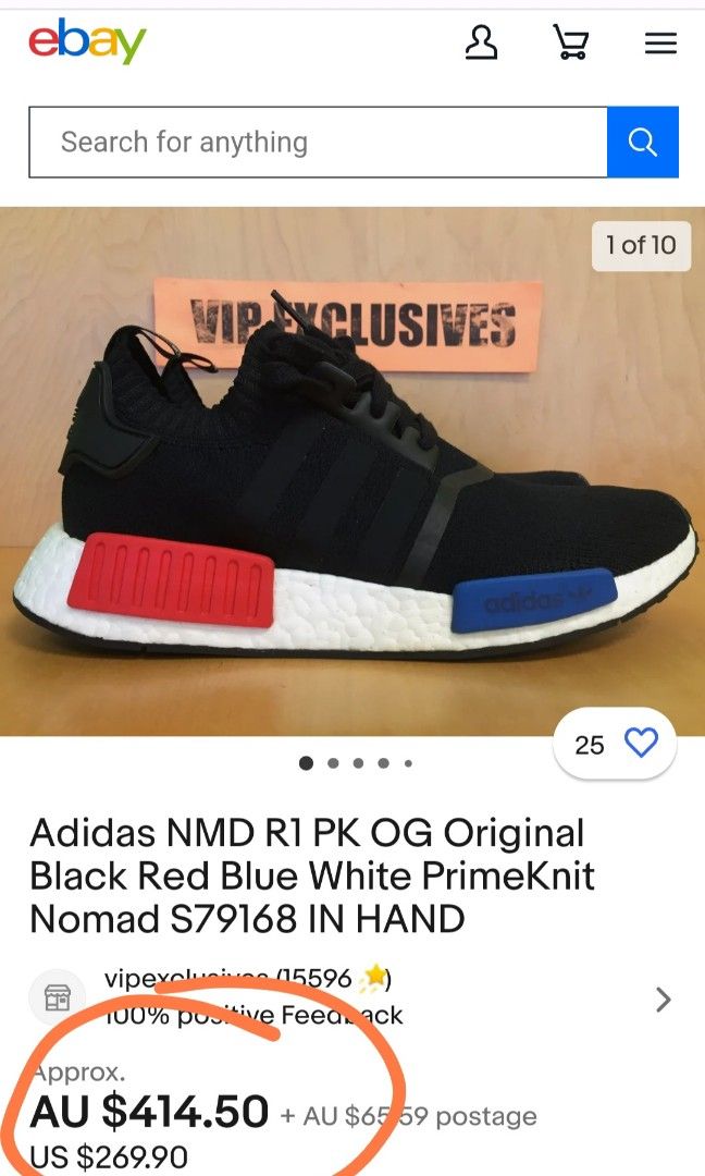 Adidas NMD R1 PK OG Original Black Red Blue White PrimeKnit Nomad S79168 IN  HAND Sz 36, Fesyen Wanita, Sepatu di Carousell