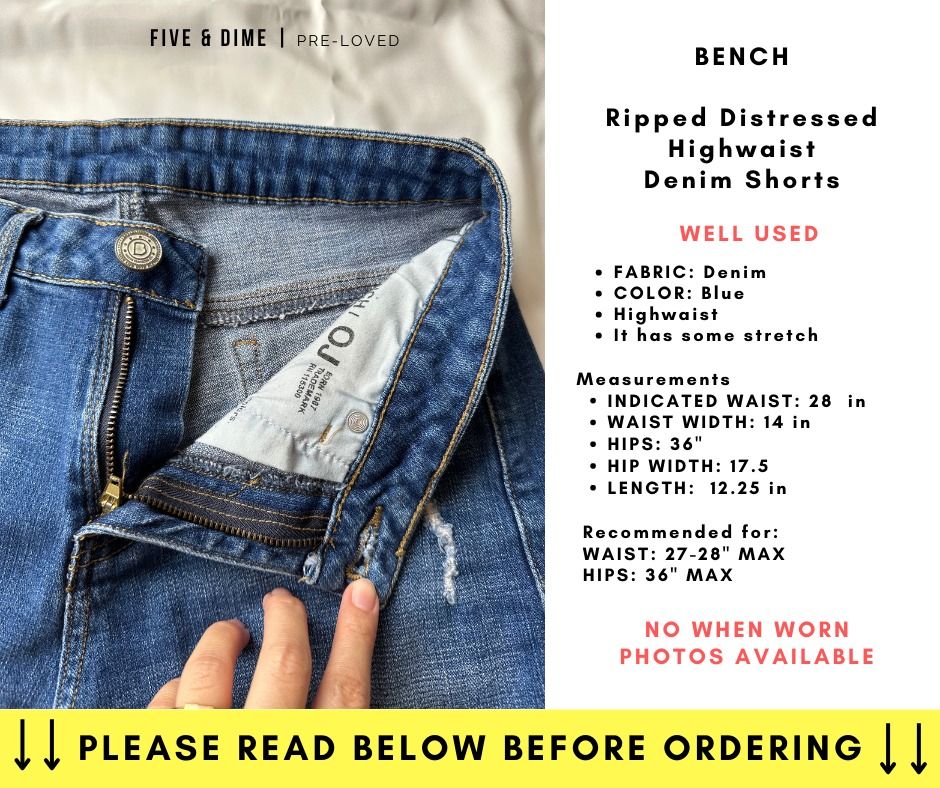 Bench - Highwaist Distressed Ripped Denim Shorts (Category: Shorts) located in Imus. Submitted by fiveanddime_ (Listing ID 1248214799, Image 3). Description: ITEM SPECIFICATION: The store will not be liable in case the clothing doesn’t fit you. Make sure to double check the details before making an offer and ordering. All paid items are final. No refund, No return policy. Description: Highwaist Distressed Ripped Denim Shorts Brand: Bench Color: B