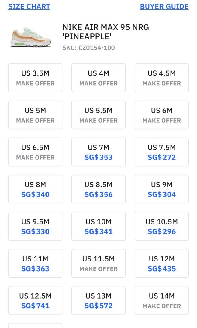 Nike air max deals 95 size chart