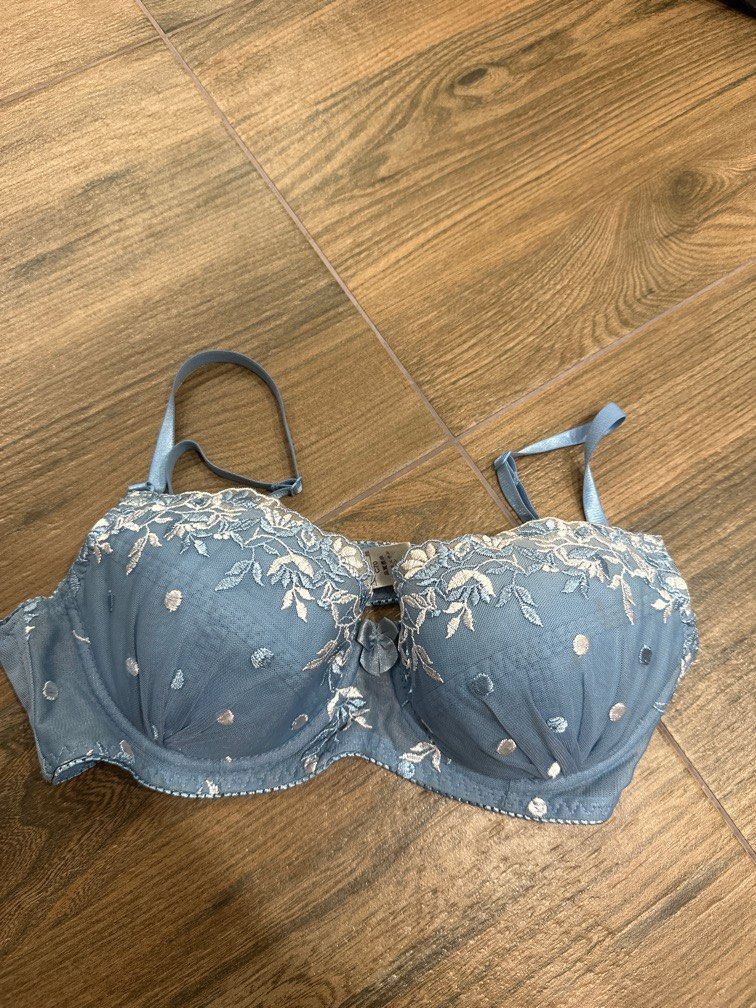 Floral Lace Embroidery Push Up Bra Blue
