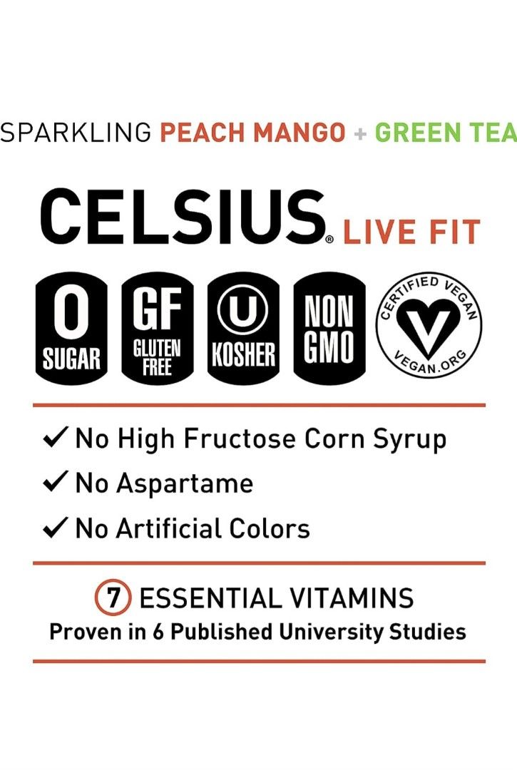 CELSIUS Peach Mango Green Tea Flavor 325ml, Food & Drinks, Beverages on