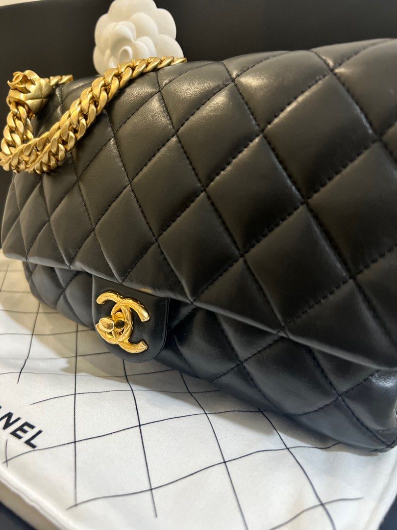CHANEL 22K Small Flap - Black Lambskin with Adjustable Chain in Gold  Hardware