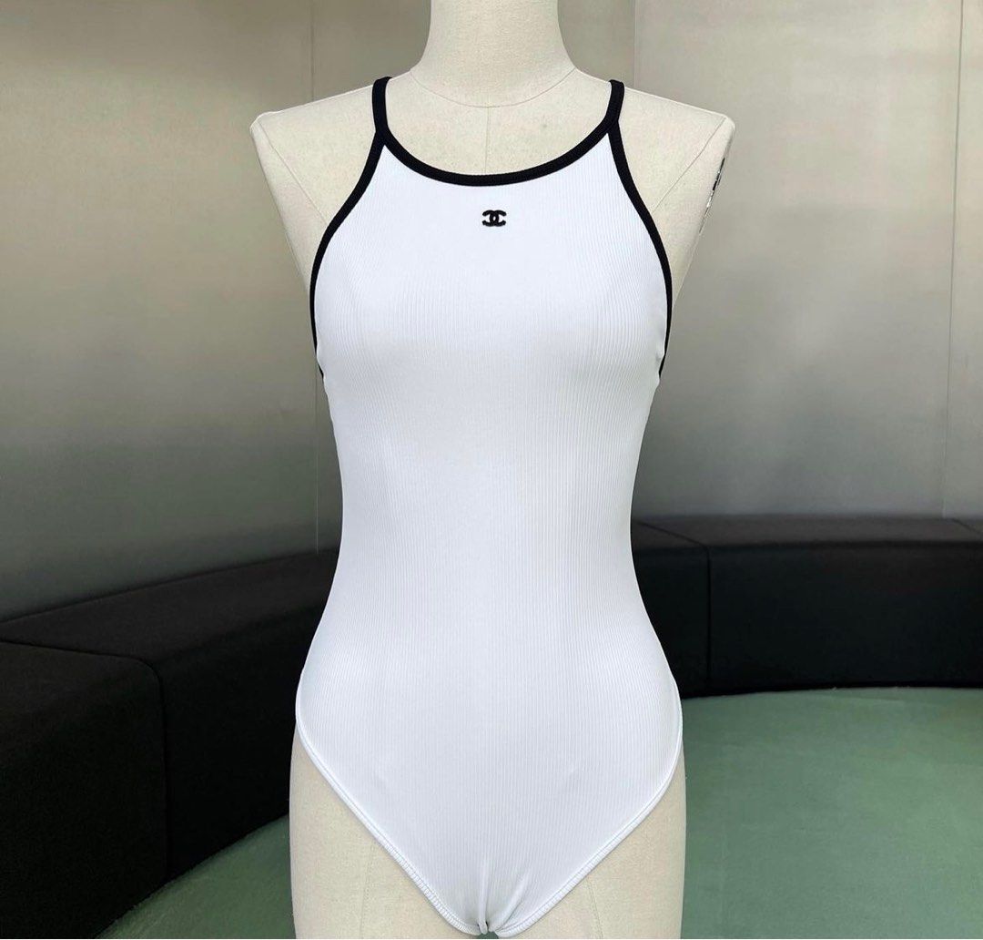 Chanel swimsuit black hot sale and white