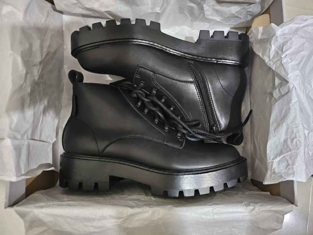 Charles Keith Lace Up Chunky Ankle Boots Black Women s