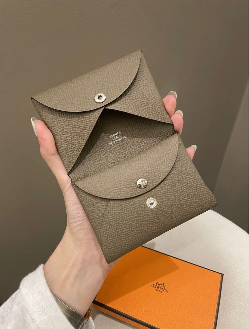 Hermes Calvi Duo Compact card holder Epsom Etoupe, Luxury, Bags