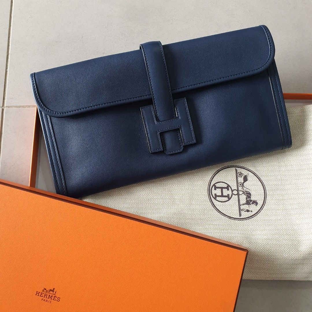 Hermes jige elan 29 clutch blue indigo ( almost black ) swift # T, Luxury,  Bags & Wallets on Carousell
