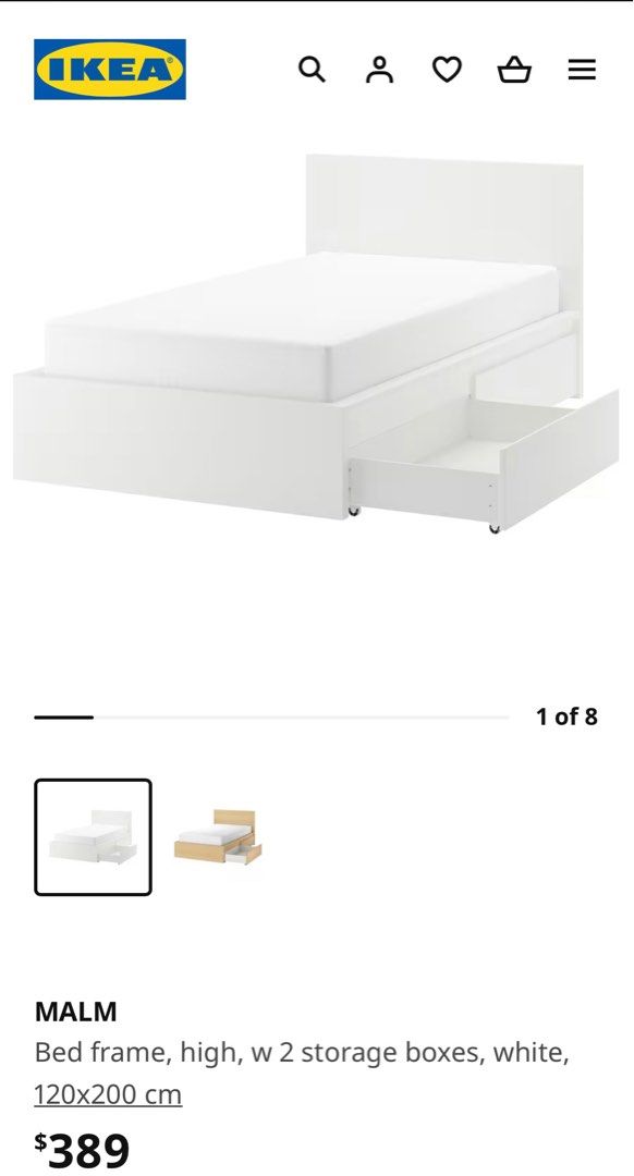 Ikea MALM Super Single White Bed Frame for 120x200 mattress, Furniture