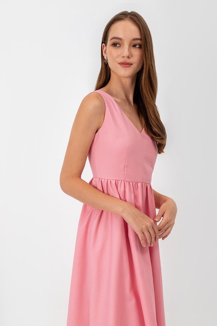 LAB Elvira V Neck Ruched Fit Flare Midi Dress Pink Women s