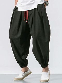 Mens Solid Color Baggy Loose Drawstring Casual Cotton Harem Pants