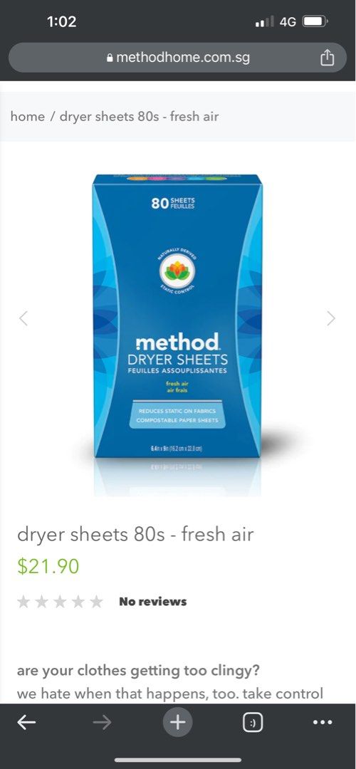 Method dryer sheets 80 pieces, Furniture & Home Living, Cleaning