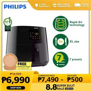 PHILIPS Digital Air Fryer 6.2 Liter Cooking Capacity, Healthy Low Fat Oil-Free Multicooker [HD9270/91] , Detachable Non-stick Frying Basket, Heavy Duty Digital Fryer, LCD Touch Screen Digital Display, Rapid Air Technology 2000W (Black)