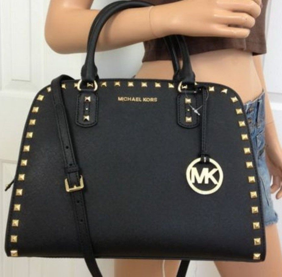 Michael kors black leather on sale purse with gold studs