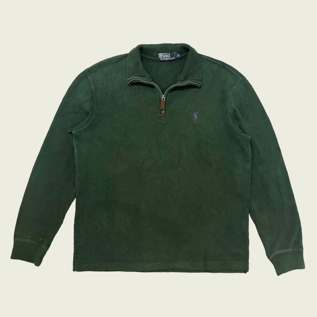 Ralph Lauren Quarter Zip Sweater Dark Green Purple Logo Men s