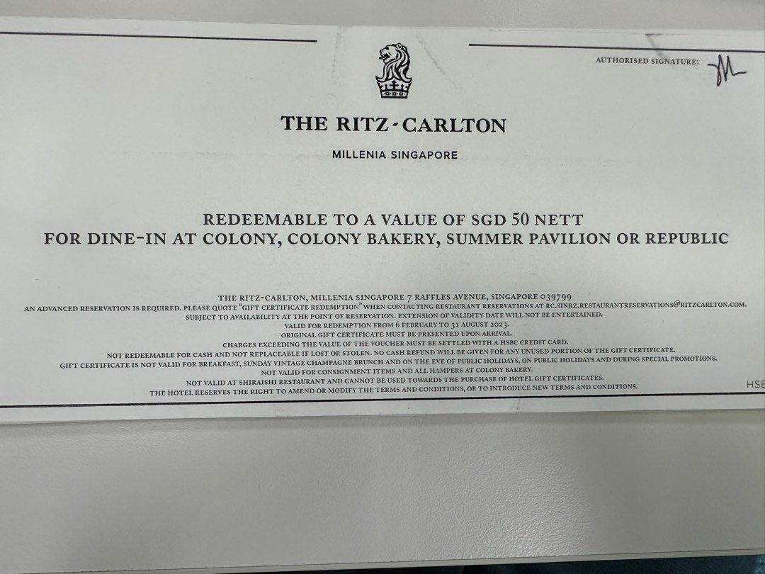 Ritz Carlton Dine Voucher, Tickets &amp; Vouchers, Vouchers on Carousell