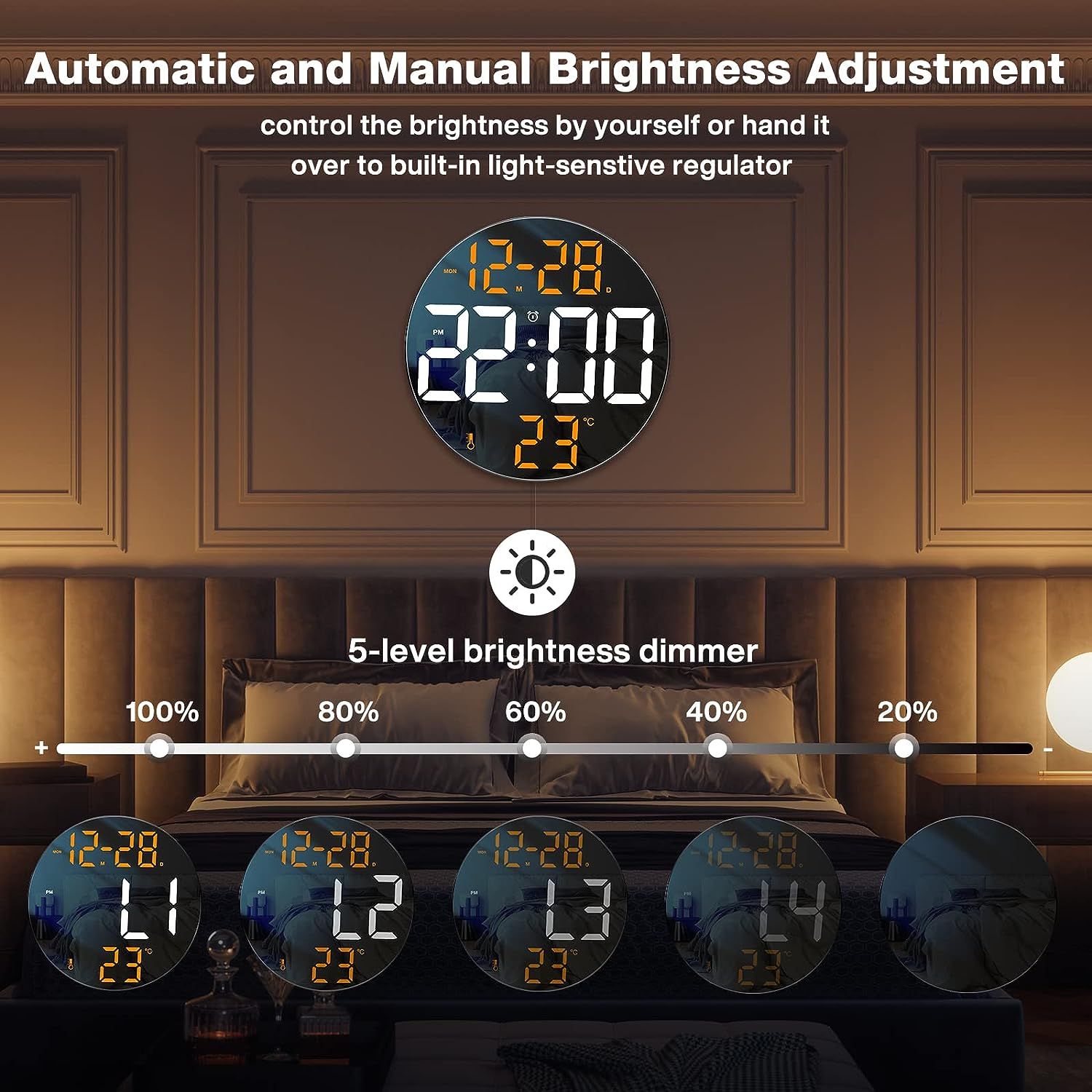 Wall Clock, 12 Metal Quartz LED Wall Clock, 1.4'' Light Sensor Auto  Digital LED Time Display or Temperature, Adjustable Brightness, Battery  Operated