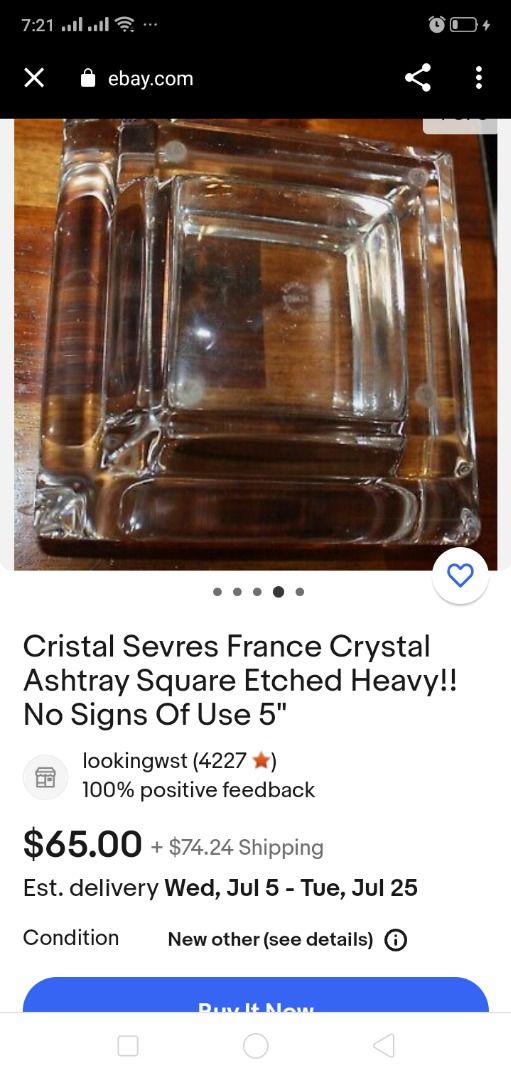 Square Raised Etched Ashtray Heavy/ "Cristal Sevres France" Crystal
