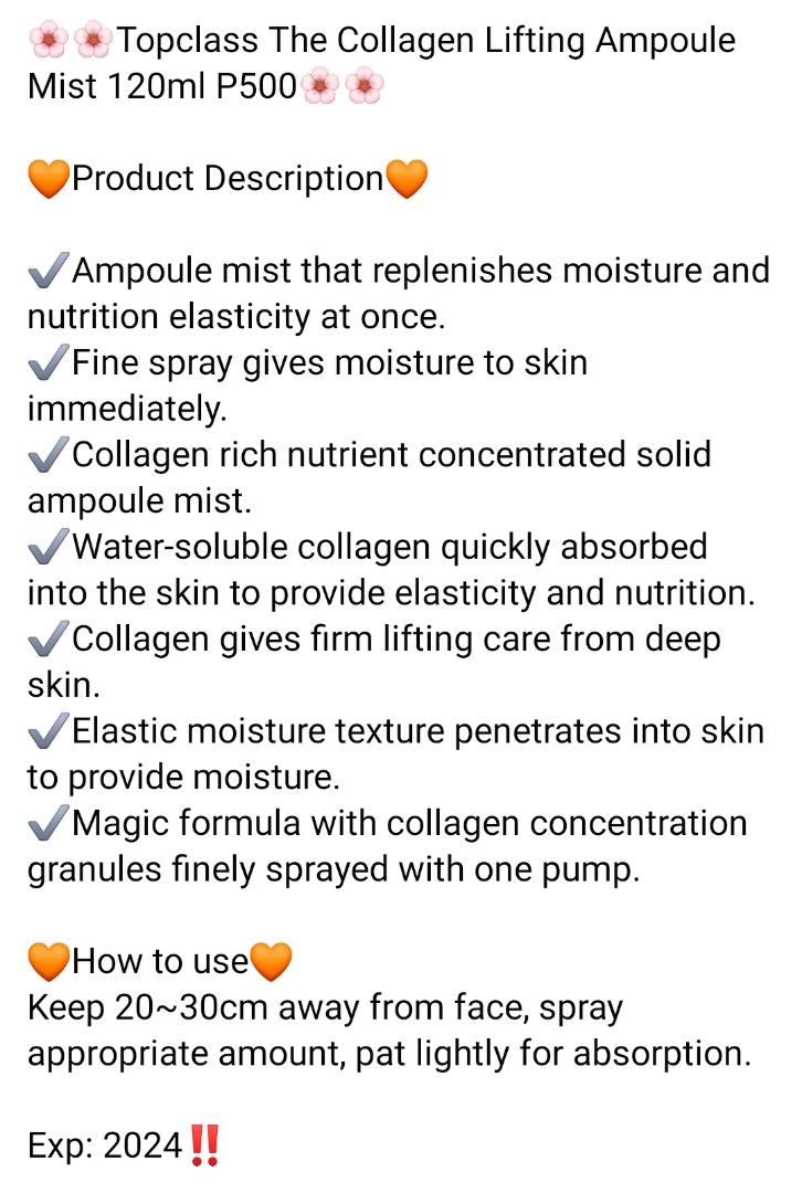 TOPCLASS The Collagen Lifting Ampoule Mist (Category: Face Care) located in Quezon City. Submitted by dinerussel_mnl (Listing ID 1248217157, Image 2). Description: TOPCLASS The Collagen Lifting Ampoule Mist 120ml Orig. Price: 2,340 (52,000won) SELLING FOR 500 ONLY✨ - onhand at sealed - authentic - can ship via shopee/lalamove/pickup only PM if interested.