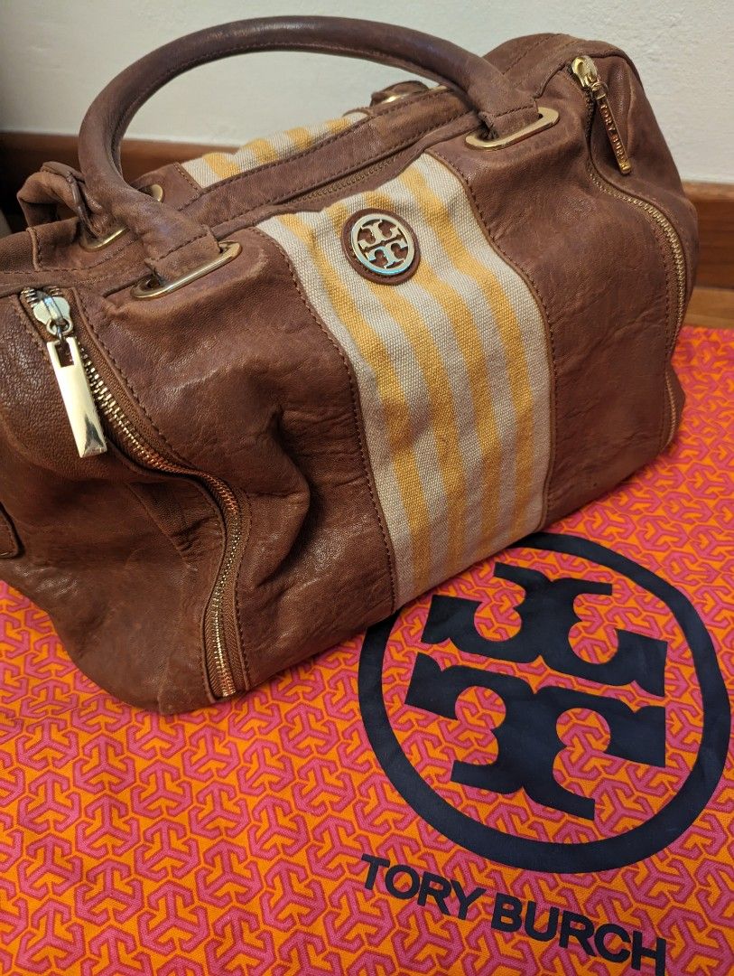 TORY BURCH Boston Front Pocket Conv Satchel Shoulder Bag Tan Brown Leather