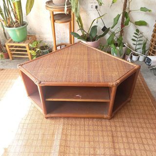 Vintage rattan corner low shelf tv rack console side table