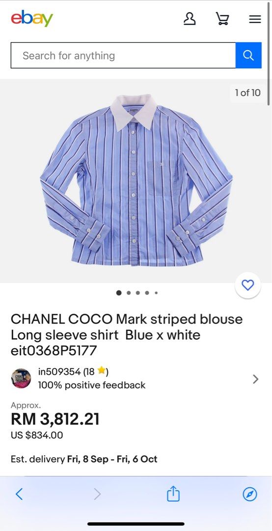 CHANEL COCO MARK Stripe Pattern T-shirt Tops Women Size 36 CC Logo From  Japan