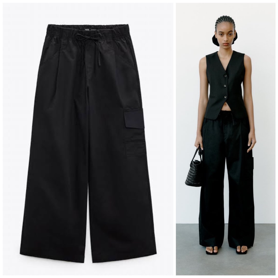 Zara CARGO FULL LENGTH TROUSERS Black on Carousell