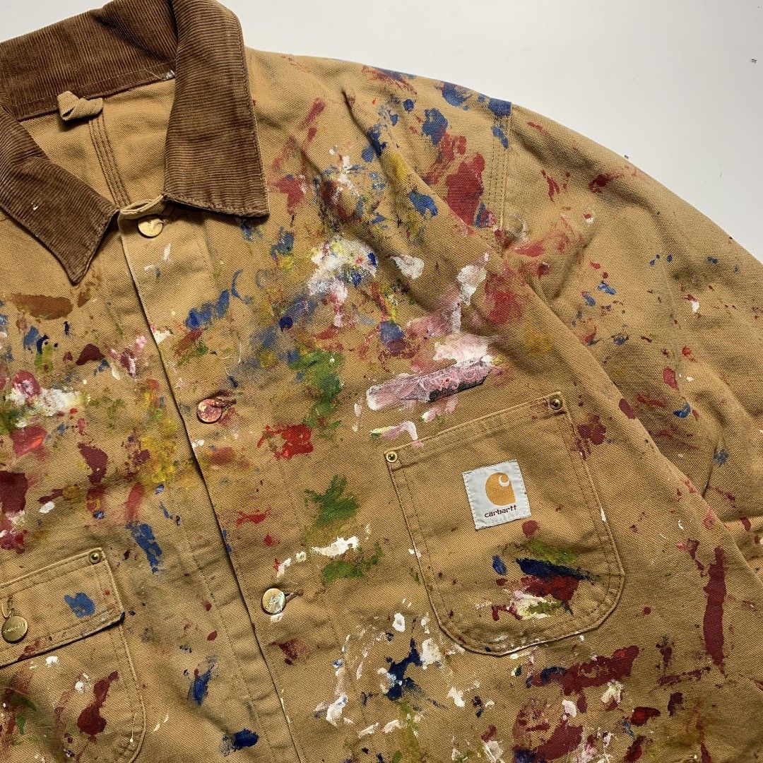 1990 s Sunfaded Carhartt Paint Splattered Duck Michigan Chore Coat Jacket Unlined Curdoroy Colar