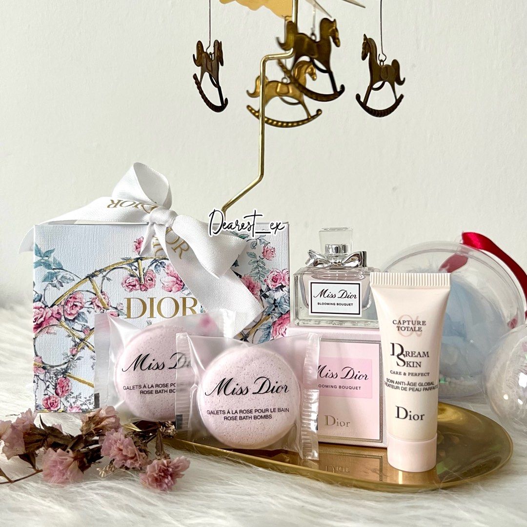5pcs DIOR Blooming Bouquet Rose Bath Bomb Dreamskin Clutch Box Travel Set