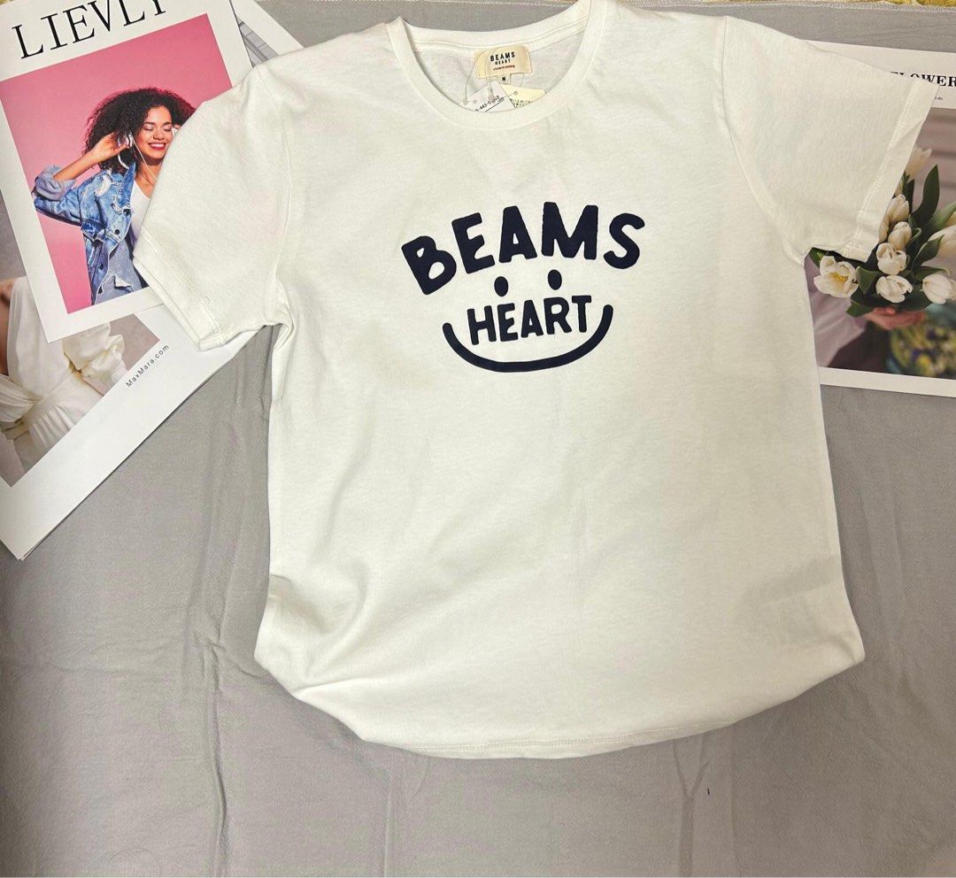 全新日牌Beams Heart logo T shirt (M size) 純白色, 女裝, 上衣, T ...
