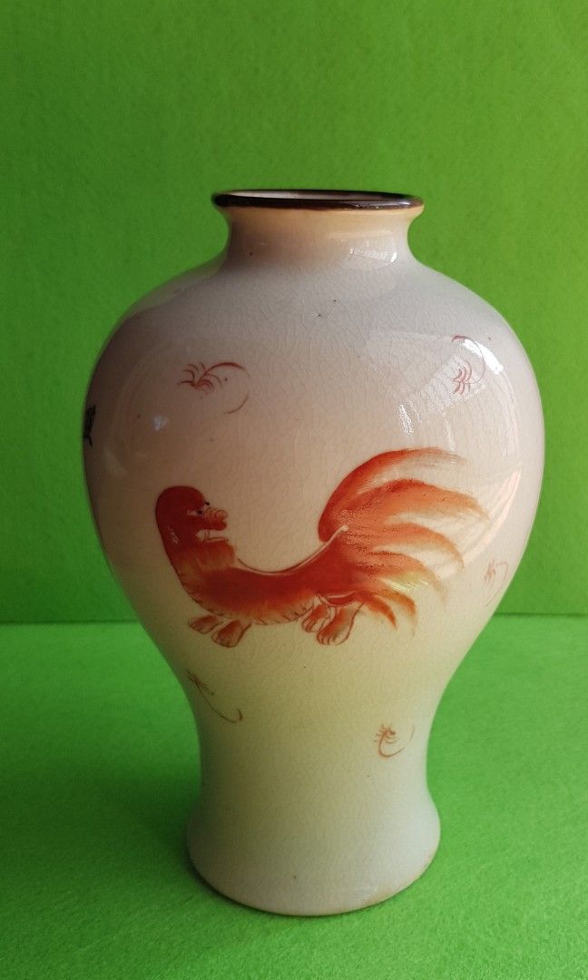 早期中国紅狮<鸿运当头>花瓶vintage China Red Lions Porcelian Vase 