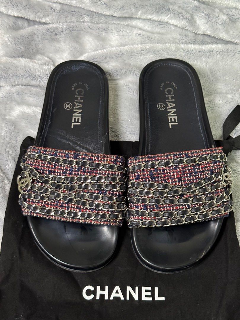 Chanel tweed chain slides Clearance
