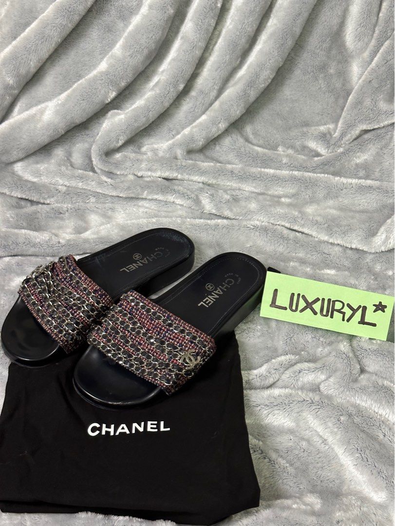Chanel tweed chain slides Clearance