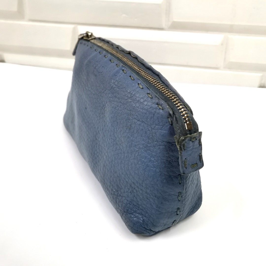 Authentic Fendi Selleria Leather Toiletry Pouch Royal Blue