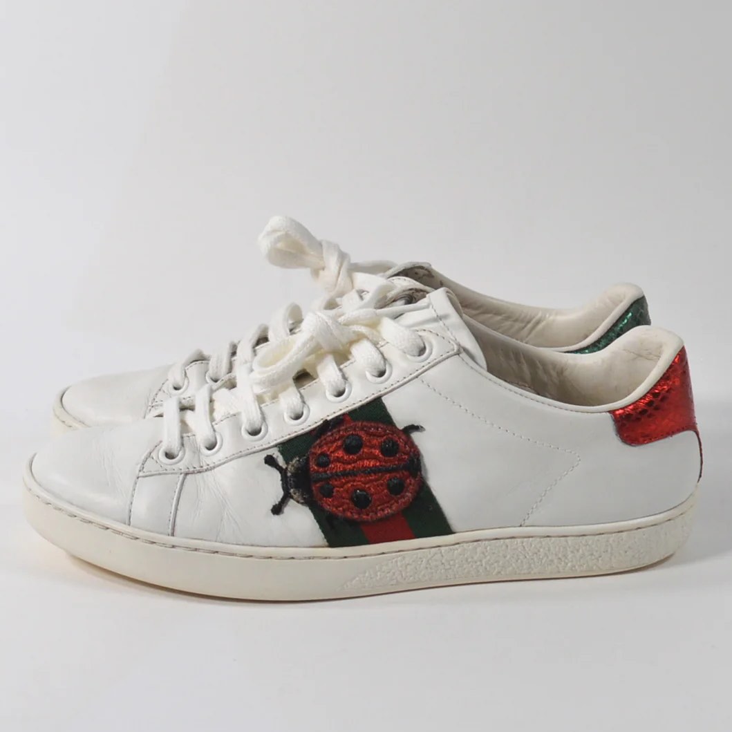 Authentic Gucci Ace Lady Bird Ladybug & Pineapple Embroidered Leather
