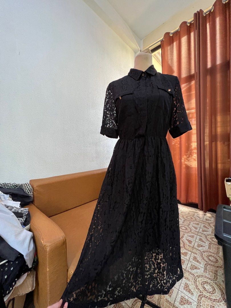 Long buttoned black lace dress