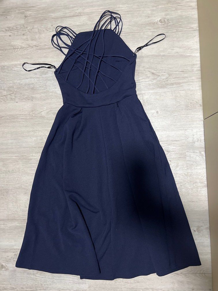 BNWT MISSGUIDED NAVY BRIDESMAID STRAP DETAIL SKATER MIDI DRESS