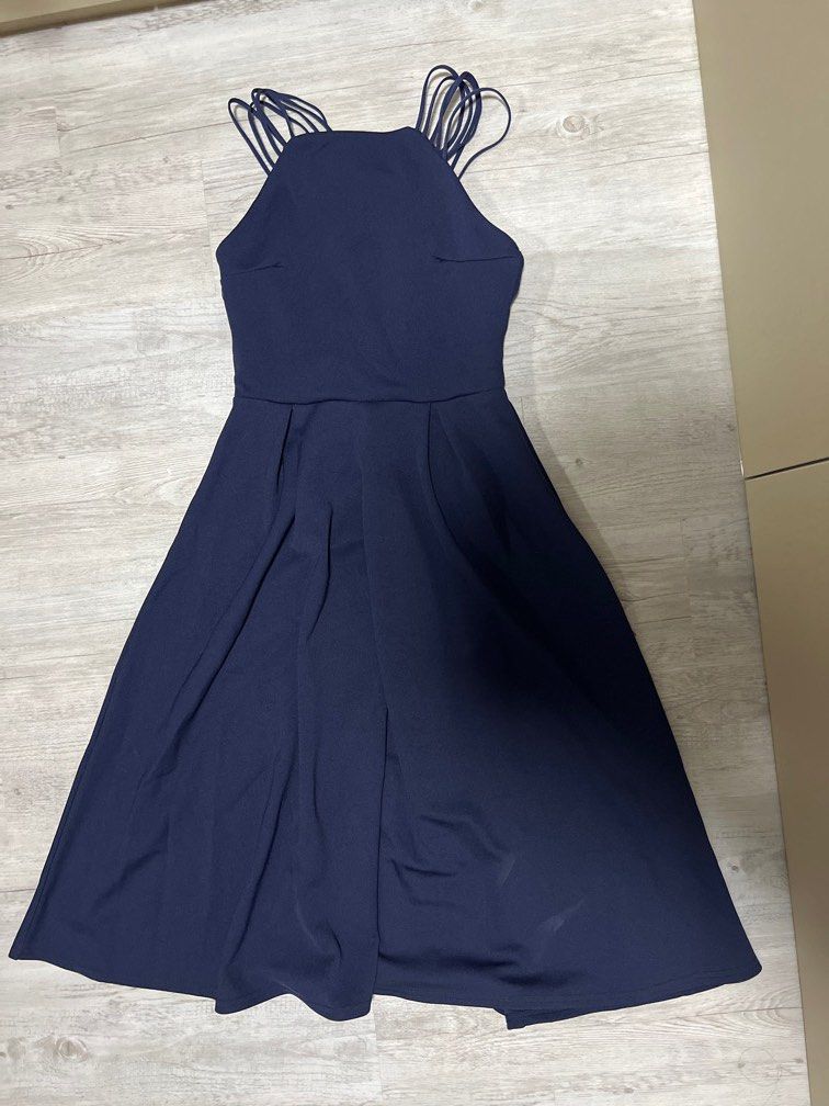 BNWT MISSGUIDED NAVY BRIDESMAID STRAP DETAIL SKATER MIDI DRESS