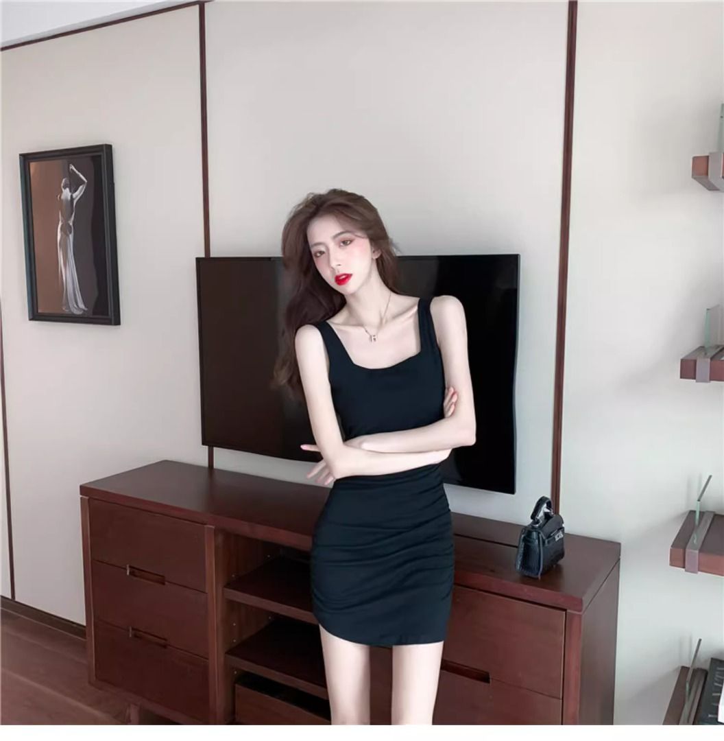 Casual Evening Dress Tank Top U neck Low cut Sleeveless Long Hip wrap skirt Superior Sexy Slim fit