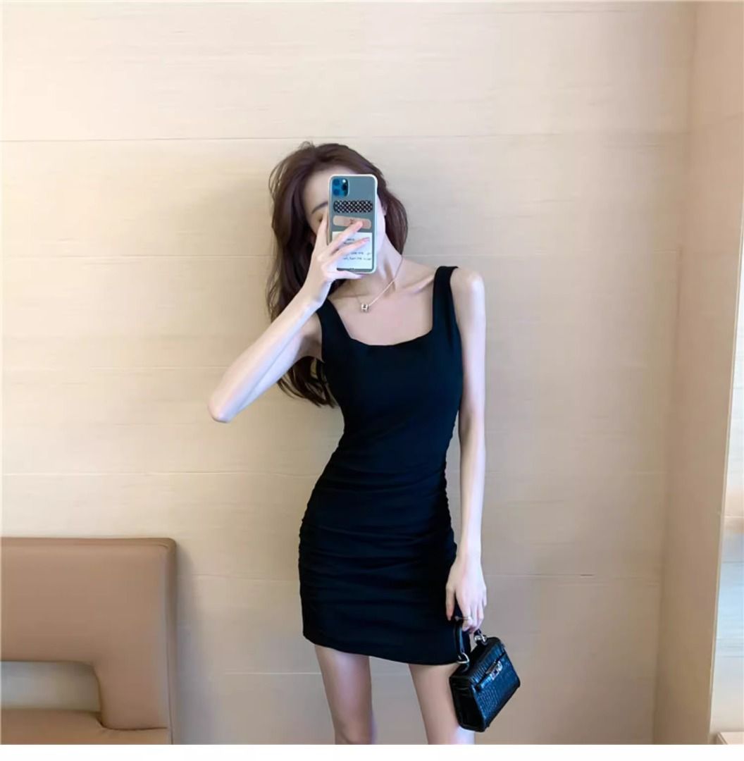Casual Evening Dress Tank Top U neck Low cut Sleeveless Long Hip wrap skirt Superior Sexy Slim fit