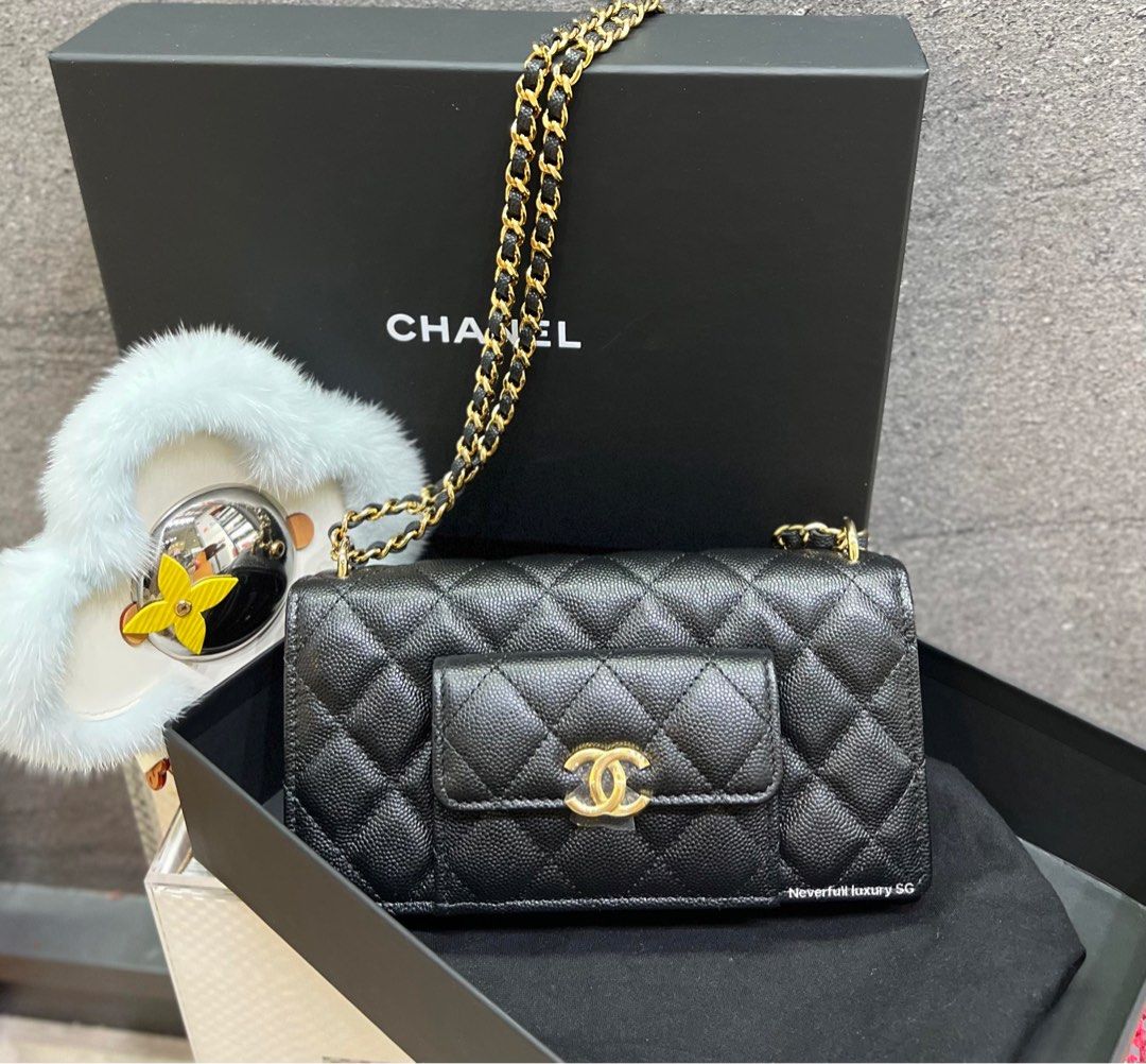 Chanel WOC with Front Pocket 22A Black Cavair GHW, Luxury, Bags