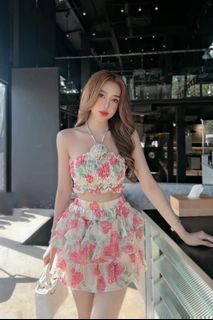 Dreamy Fairy Coquette Rare Design Vietnam Princess Terno Set Coord Coordinates Rose Red White Light Green Forest Fairycore Pink Flowers Floral Mini Dress Ruffle Puff Sleeve Ribbon Layered Skirt Smocked Back