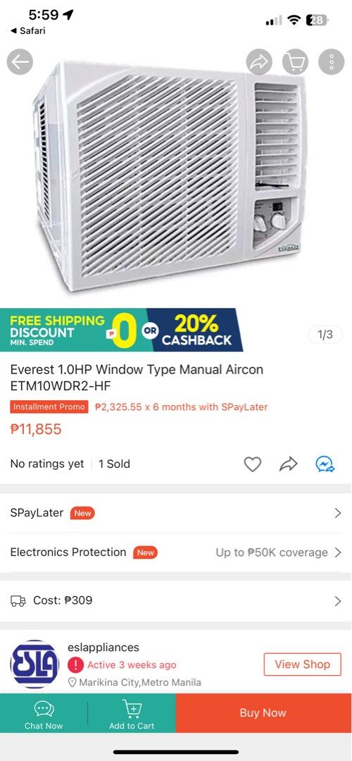 EVEREST 1hp window type manual aircon on Carousell
