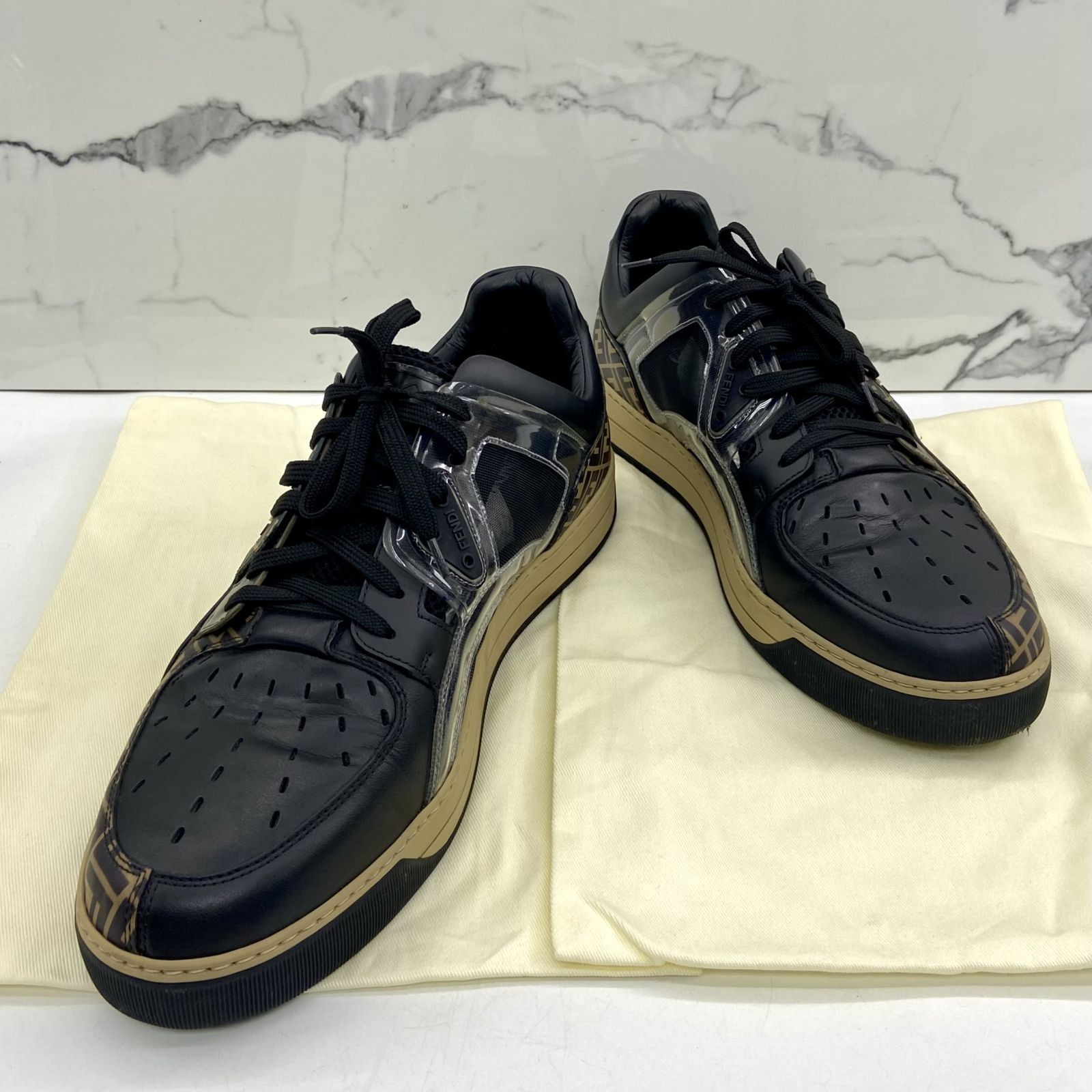 Zucca Fendi Logo Mesh Sneakers FENDI BLACK AND GOLD LEATHER ZUCCA