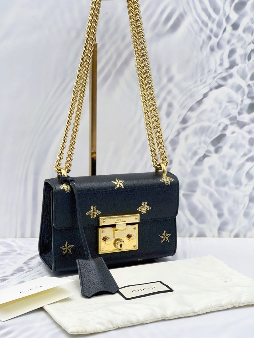 GUCCI SMALL PADLOCK BEE STAR LEATHER CHAIN BAG Luxury Bags