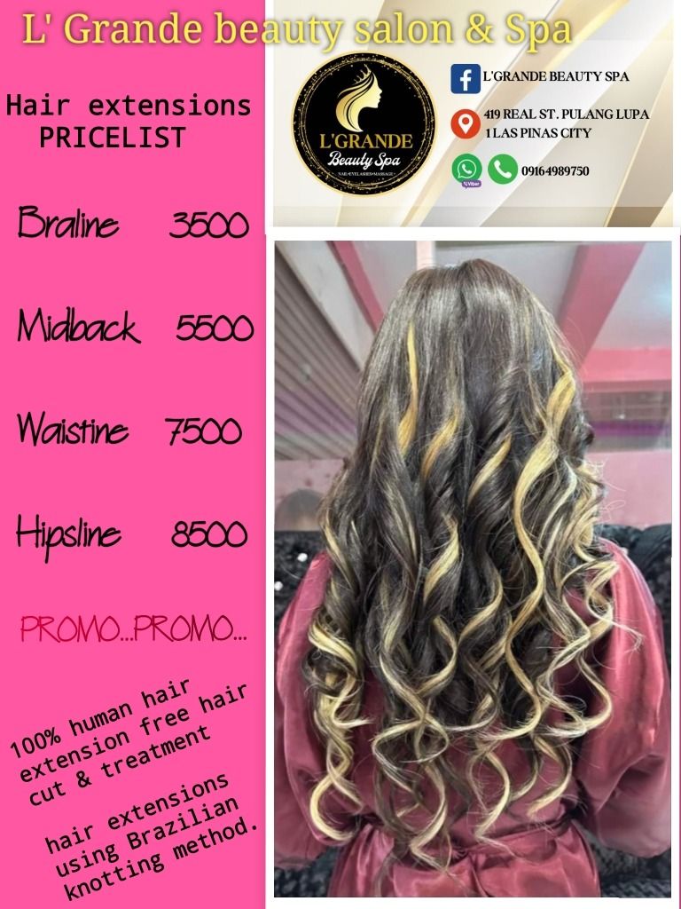 Human Hair Extension and hair REBONDING (Category: Hair) located in Las Pinas. Submitted by aglaspinas0116 (Listing ID 1248466158, Image 3). Description: L'Grande beauty salon Spa Human hair extensions Hair rebond Hair color Fashion color Hair Brazilian Hair Botox Hair cut for men and women Address: 419 real st pulang lupa 1 las pinas city. Near @ district hospital las pinas We also cater home service Number:09164989750.