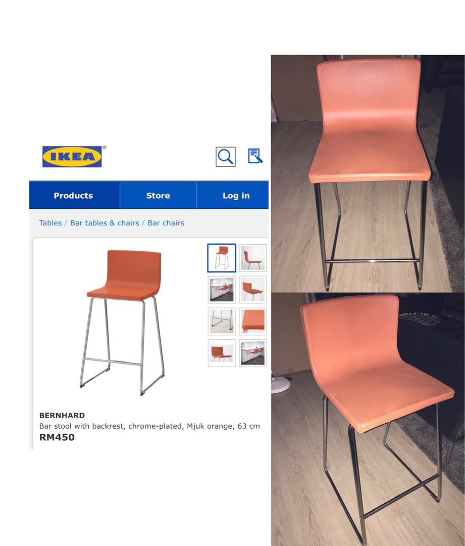 Ikea Bernhard bar stool with backrest chrome plated mjuk orange 63cm